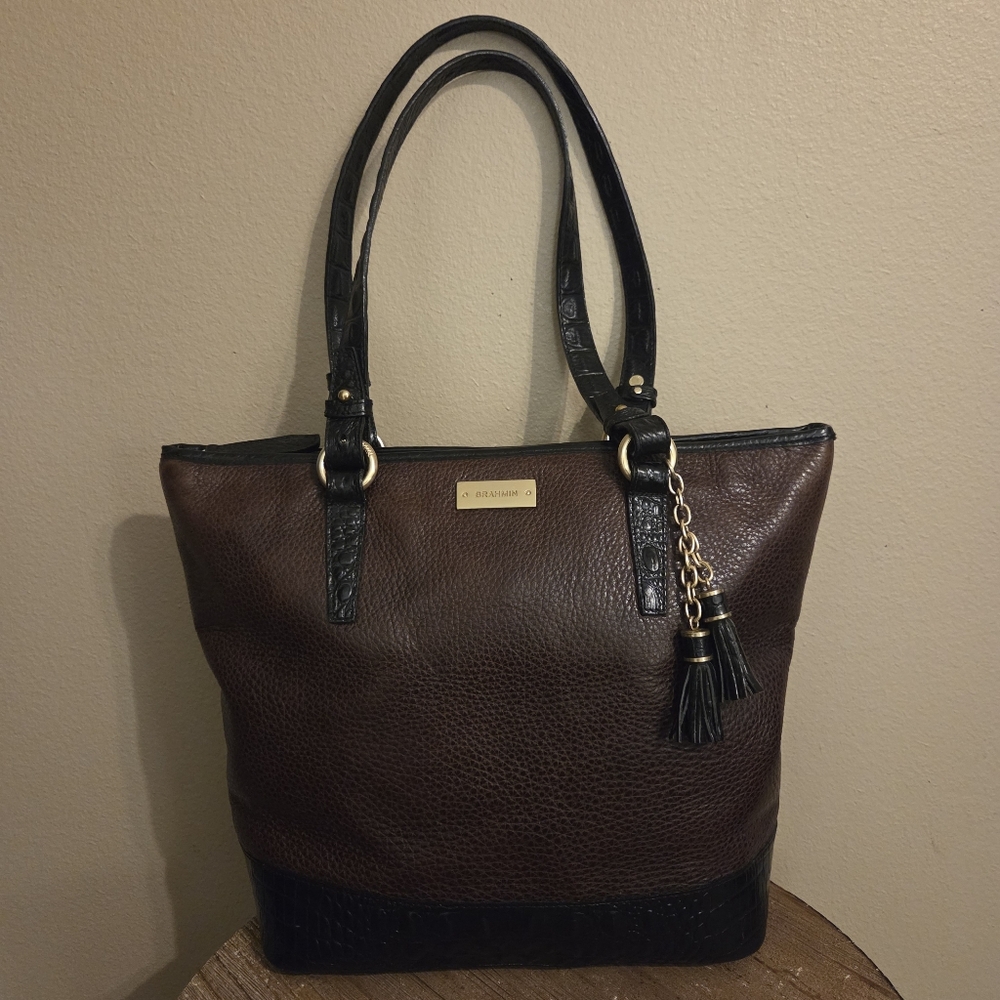 BRAHMIN Vintage Medium Asher Tote Black Brown Croc Embossed Leather Bag Purse